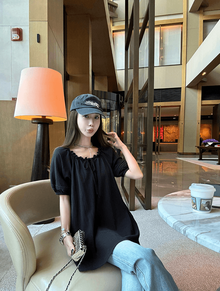 다크 다시 매우 우는 소리 세 착용 칼라 질감 실 다용도 루즈핏 표지 고기 검정색 맨위 여성 여름 이미지 4