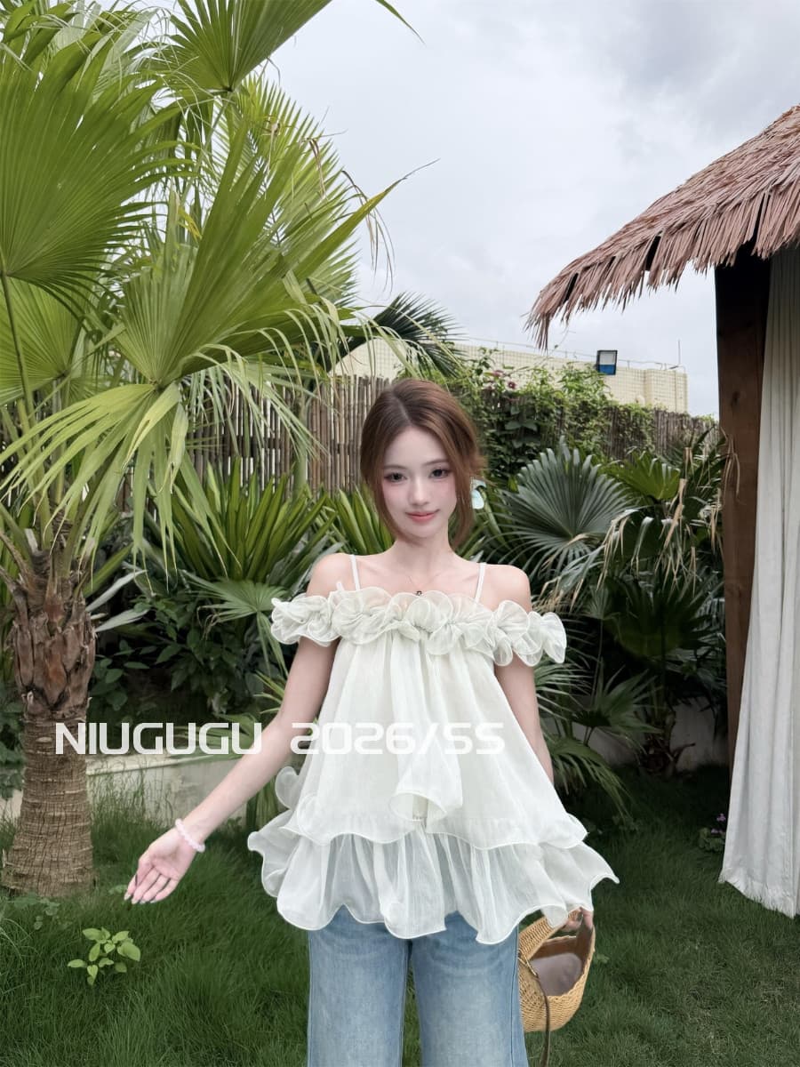 부드러운 바람 3 차원 레이스 슬립 오프숄더 쉬폰 작은 셔츠 여성 여름 달콤함 연령 감소 맨위 이미지 3