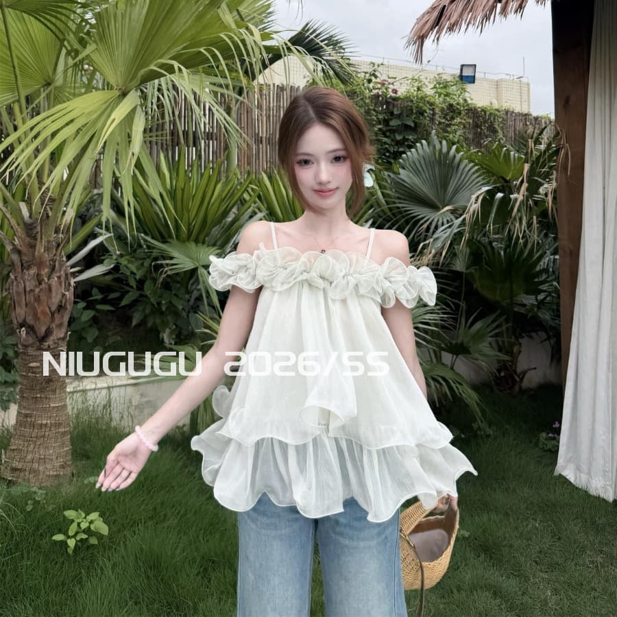 부드러운 바람 3 차원 레이스 슬립 오프숄더 쉬폰 작은 셔츠 여성 여름 달콤함 연령 감소 맨위 이미지 5