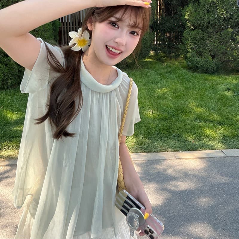 저녁 바람 편지 빛 법 불규칙 리본 우아한 시폰 셔츠 여성 느긋한 양면 착용 맨위 이미지 5