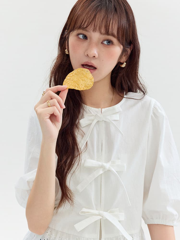 화이트 나비 넥타이 순면 여성 셔츠 여름 새로운 패치워크 밑단 맨위 이미지 4