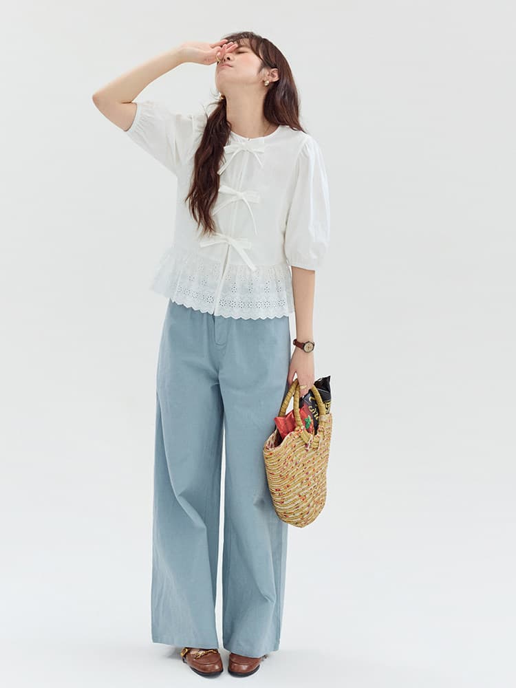 화이트 나비 넥타이 순면 여성 셔츠 여름 새로운 패치워크 밑단 맨위 이미지 3