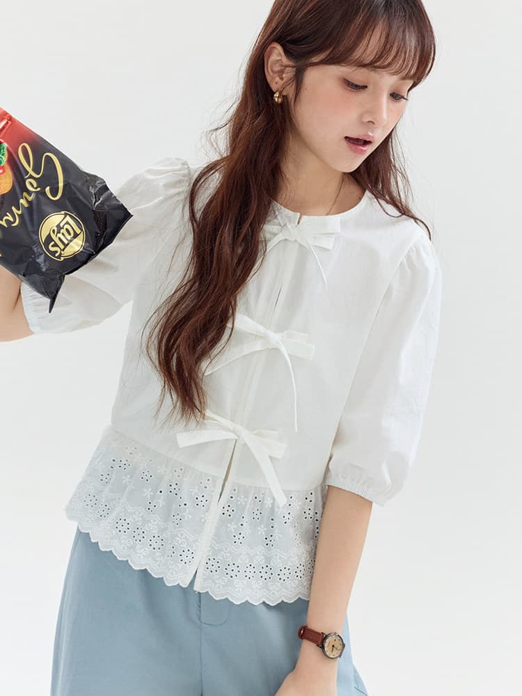 화이트 나비 넥타이 순면 여성 셔츠 여름 새로운 패치워크 밑단 맨위 상세 이미지 5