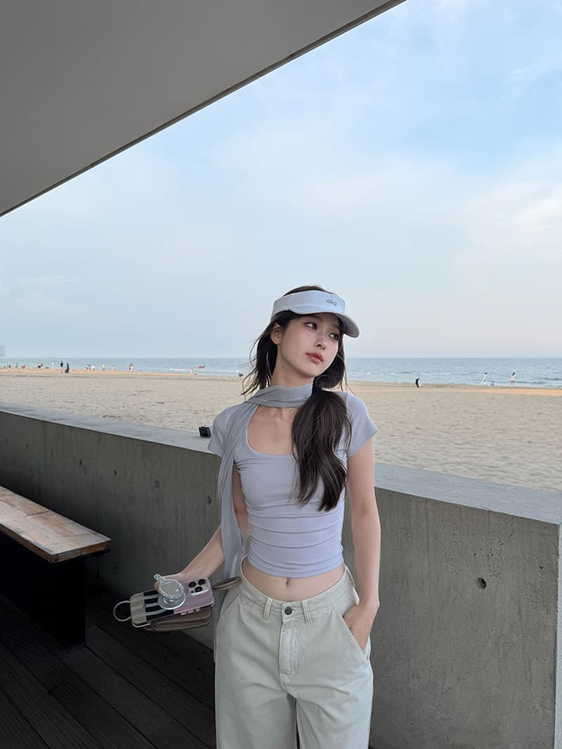 한 부서 디자인 센스 맨위 Tulle 리본 u 칼라 몸매 가꾸기 반팔 티셔츠 여성 이미지 2