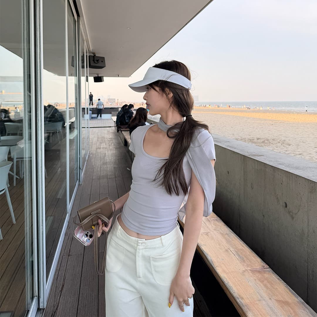 한 부서 디자인 센스 맨위 Tulle 리본 u 칼라 몸매 가꾸기 반팔 티셔츠 여성 이미지 5