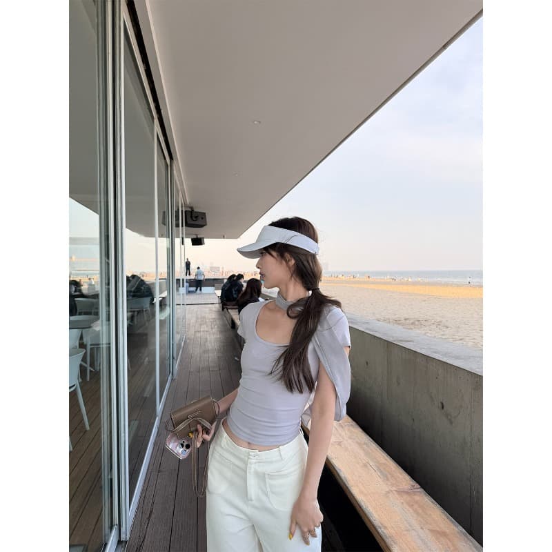 한 부서 디자인 센스 맨위 Tulle 리본 u 칼라 몸매 가꾸기 반팔 티셔츠 여성 상세 이미지 1