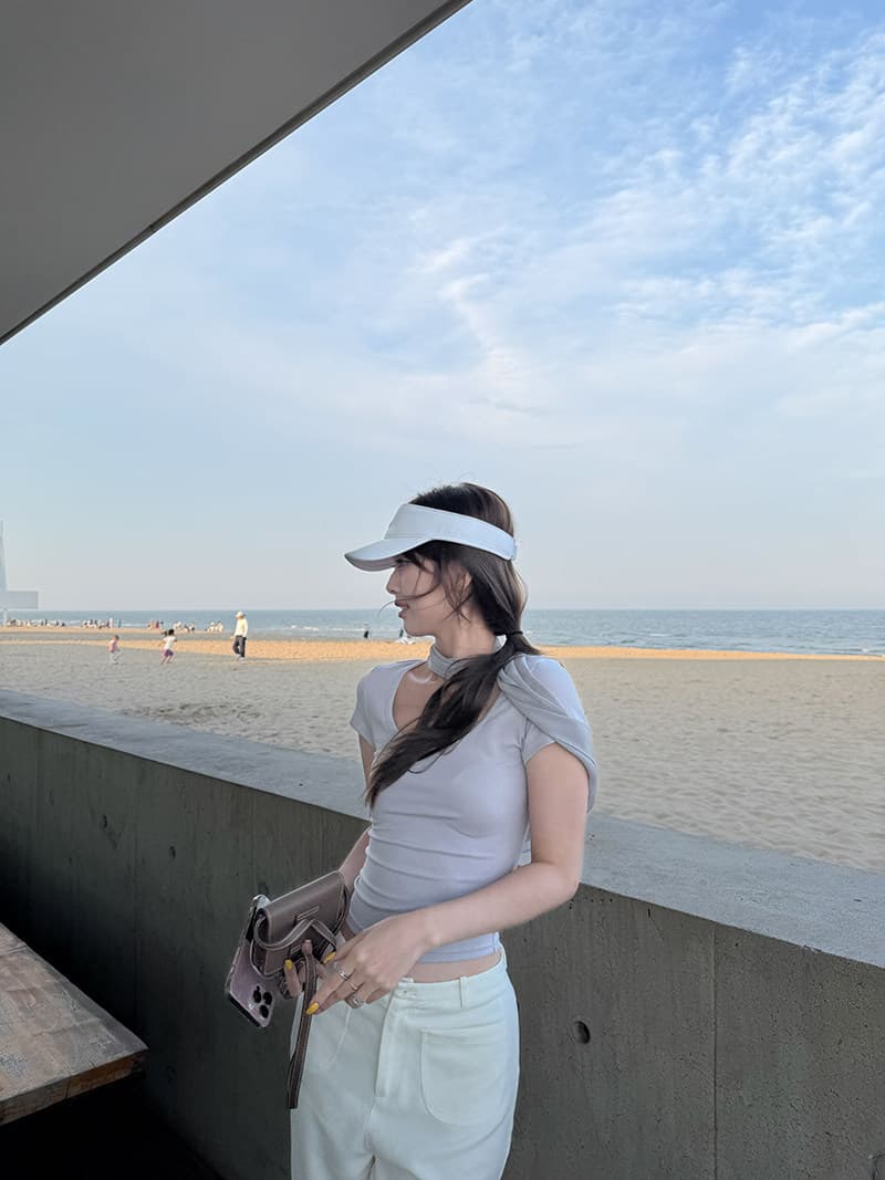 한 부서 디자인 센스 맨위 Tulle 리본 u 칼라 몸매 가꾸기 반팔 티셔츠 여성 상세 이미지 3