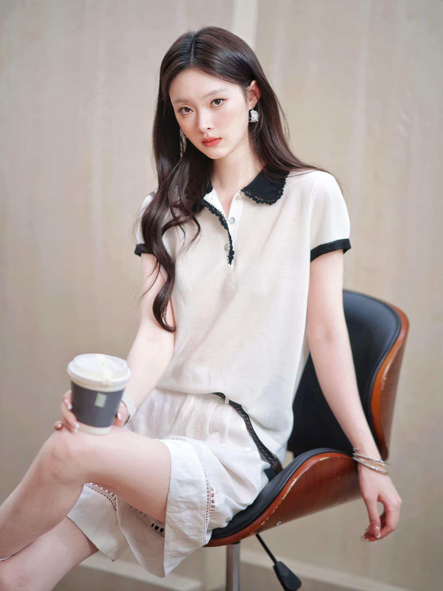 학원 POLO 셔츠 차가운 센스 주간 실크 레이스 레이스 배색 패치워크 니트 반팔 베이비 칼라 맨위 이미지 3