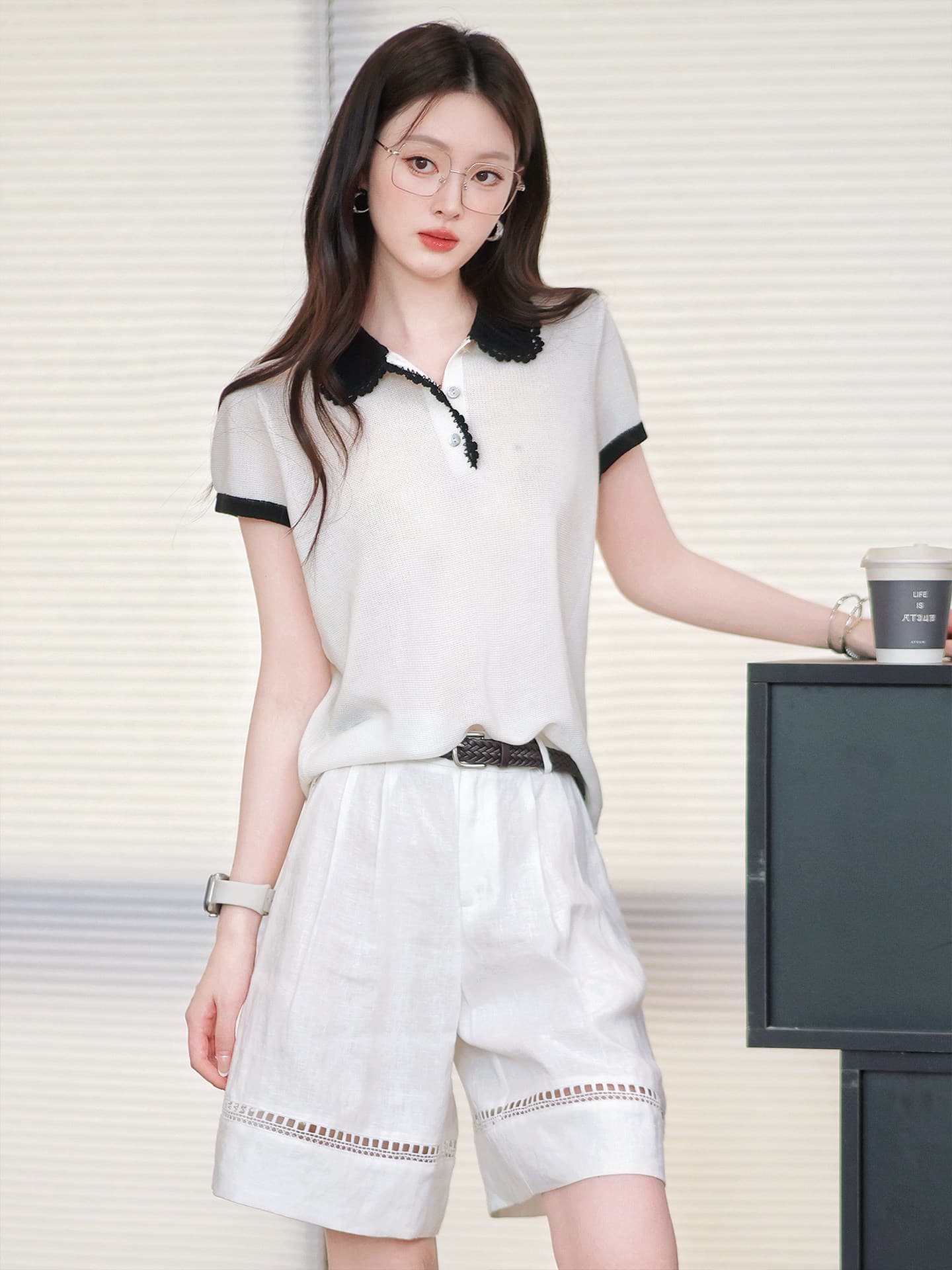 학원 POLO 셔츠 차가운 센스 주간 실크 레이스 레이스 배색 패치워크 니트 반팔 베이비 칼라 맨위 이미지 2
