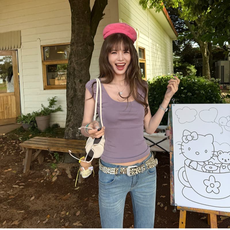 레트로 핫걸 광장 칼라 작은 거품 소매 티셔츠 여성 몸매 가꾸기 슬림해 보이는 만나는 외출용 맨위 여름 이미지 5