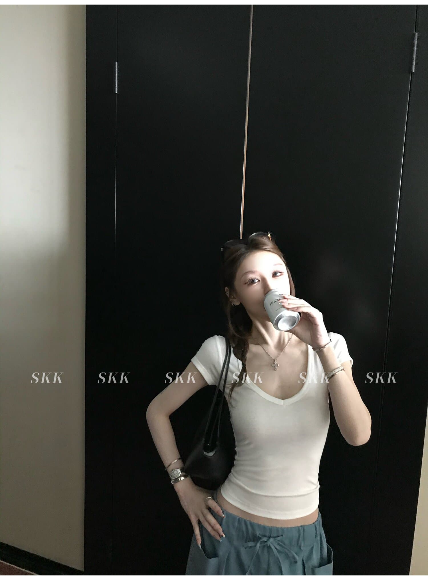 슬림해 보이는 실링 tee 200g 눈 무늬 주간 실크 아마 복숭아 심장 고리 마이크로 허리 수축 티셔츠 여성 이미지 4