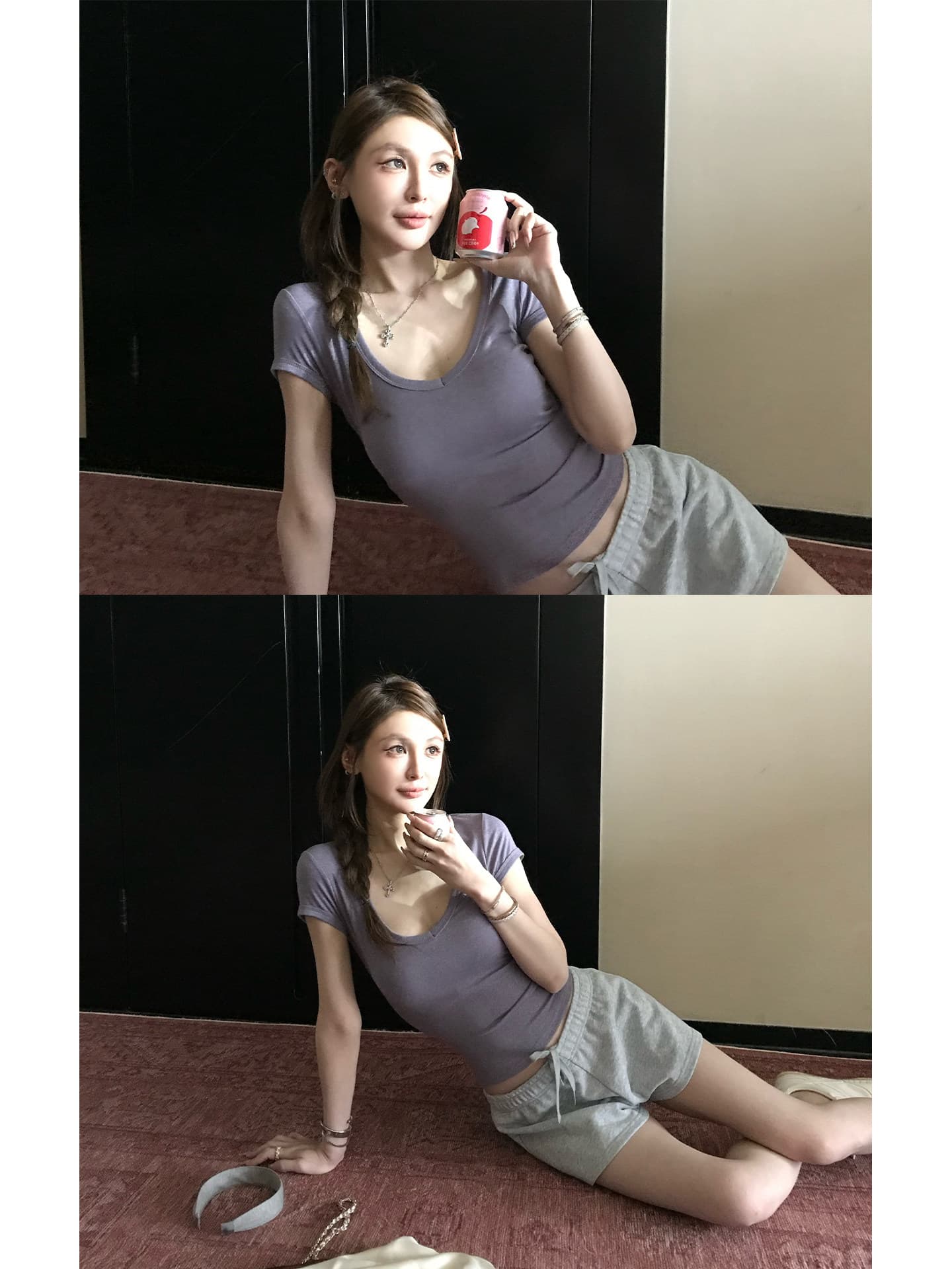 슬림해 보이는 실링 tee 200g 눈 무늬 주간 실크 아마 복숭아 심장 고리 마이크로 허리 수축 티셔츠 여성 상세 이미지 2