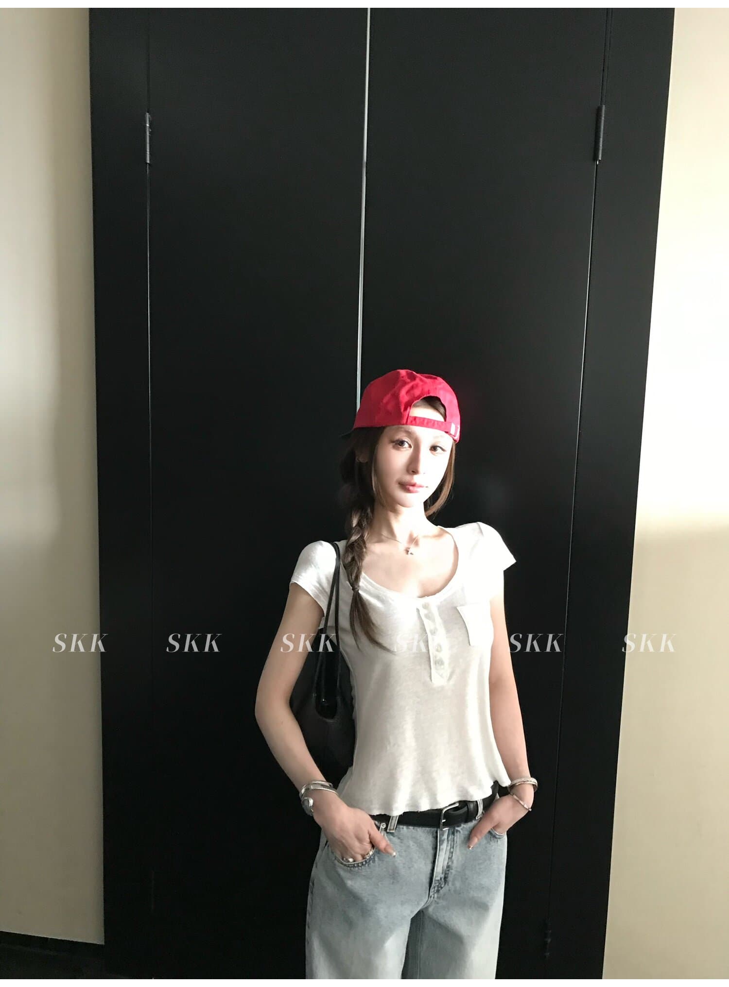 고급 질감 센스 아마 단추 헨리 칼라 작은 주머니 다용도 티셔츠 상세 이미지 2