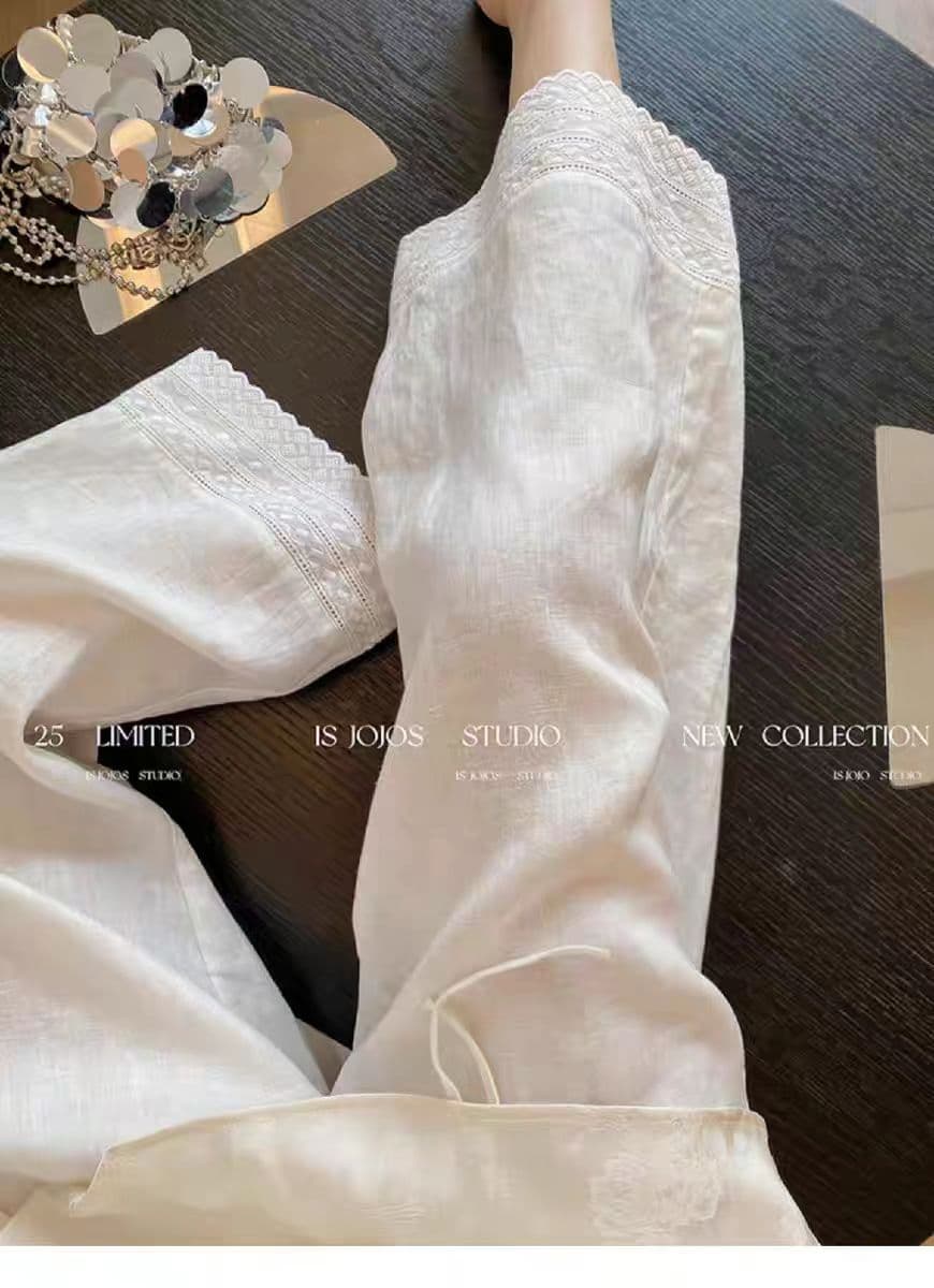 화이트 아마 캐주얼 바지 여성 여름 새로운 자수 레이스 패치워크 루즈핏 얇고 가벼운 잘 생긴 9 포인트 스트레이트 바지 상세 이미지 4