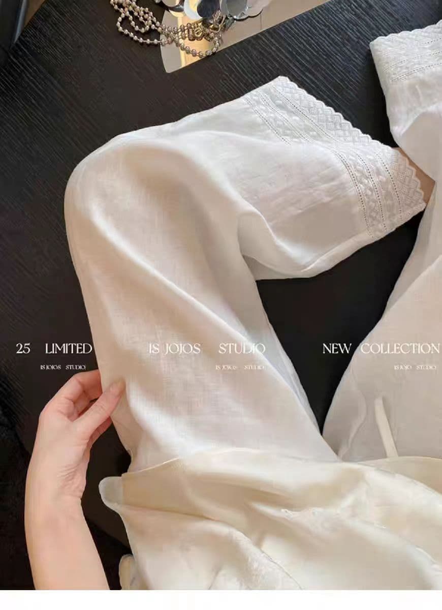 화이트 아마 캐주얼 바지 여성 여름 새로운 자수 레이스 패치워크 루즈핏 얇고 가벼운 잘 생긴 9 포인트 스트레이트 바지 상세 이미지 5