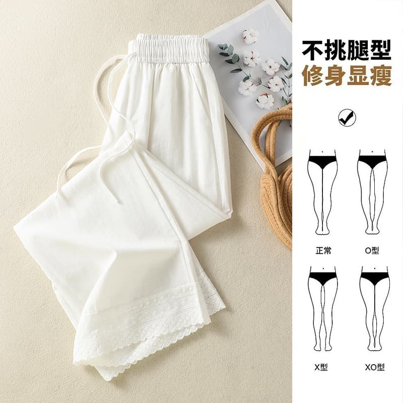 실사 화이트 아마 캐주얼 바지 여성 여름 새로운 자수 레이스 패치워크 루즈핏 얇고 가벼운 9 포인트 스트레이트 바지 이미지 4