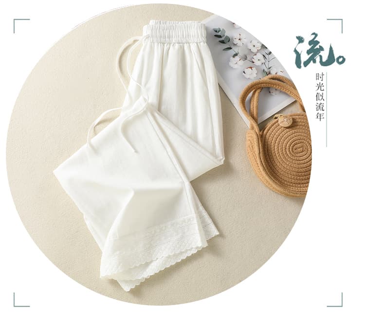 실사 화이트 아마 캐주얼 바지 여성 여름 새로운 자수 레이스 패치워크 루즈핏 얇고 가벼운 9 포인트 스트레이트 바지 상세 이미지 2