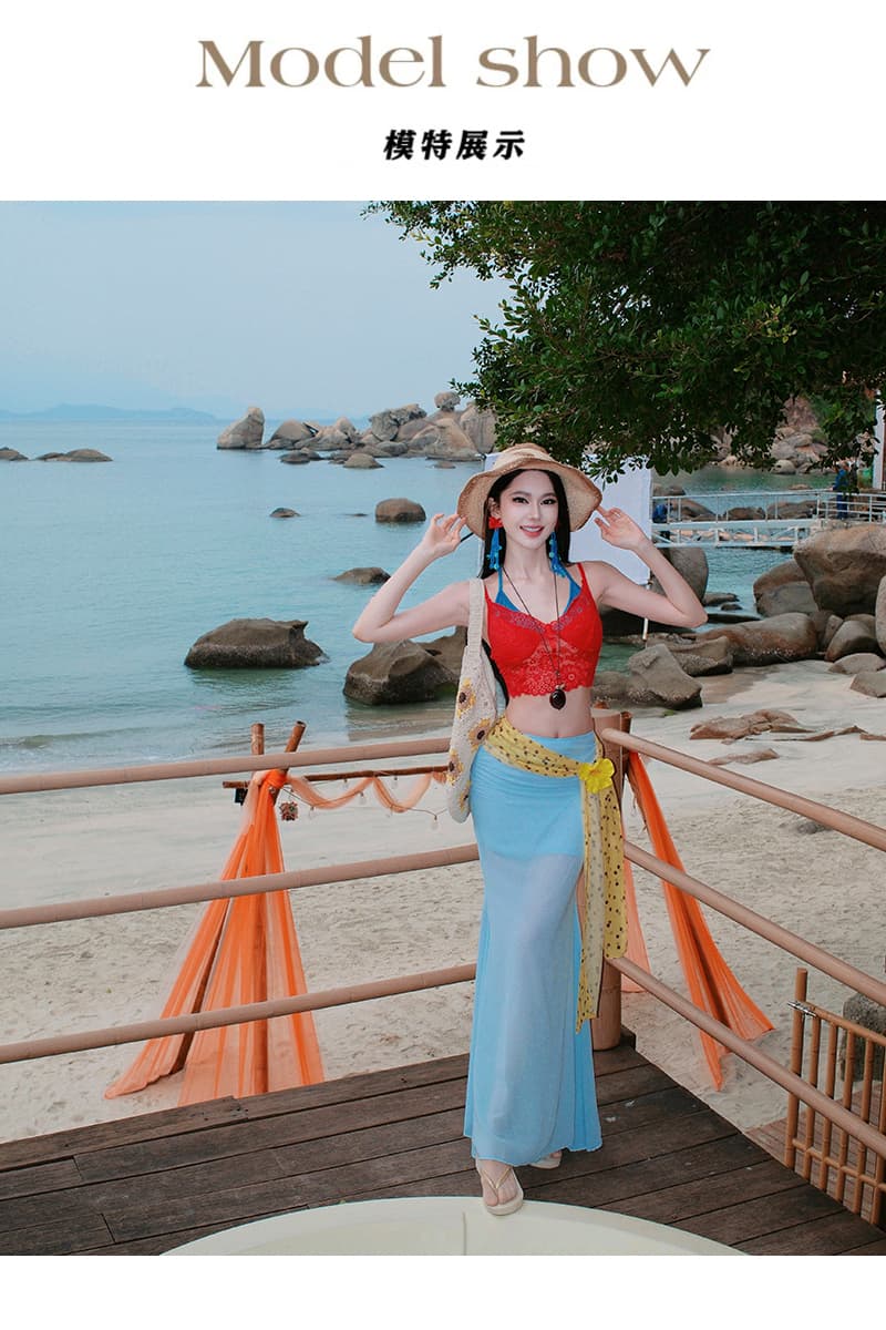 마이크로 지방 도파민 학위 배색 페이크 레이어드 슬립 여성 여름 휴가 바람 마이크로 ~을 통해 하늘색 망사 롱 스커트 세트 상세 이미지 1