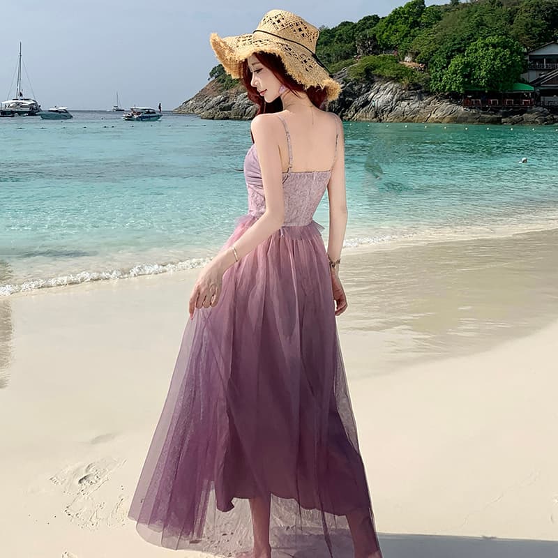 와이 센스 몽환 부드러운 보라색 그라데이션 망사 3 차원 나비 무거운 작업 슬립 드레스 이미지 3