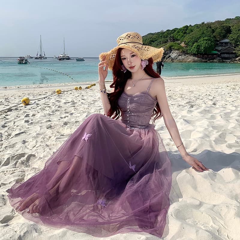 와이 센스 몽환 부드러운 보라색 그라데이션 망사 3 차원 나비 무거운 작업 슬립 드레스 이미지 5