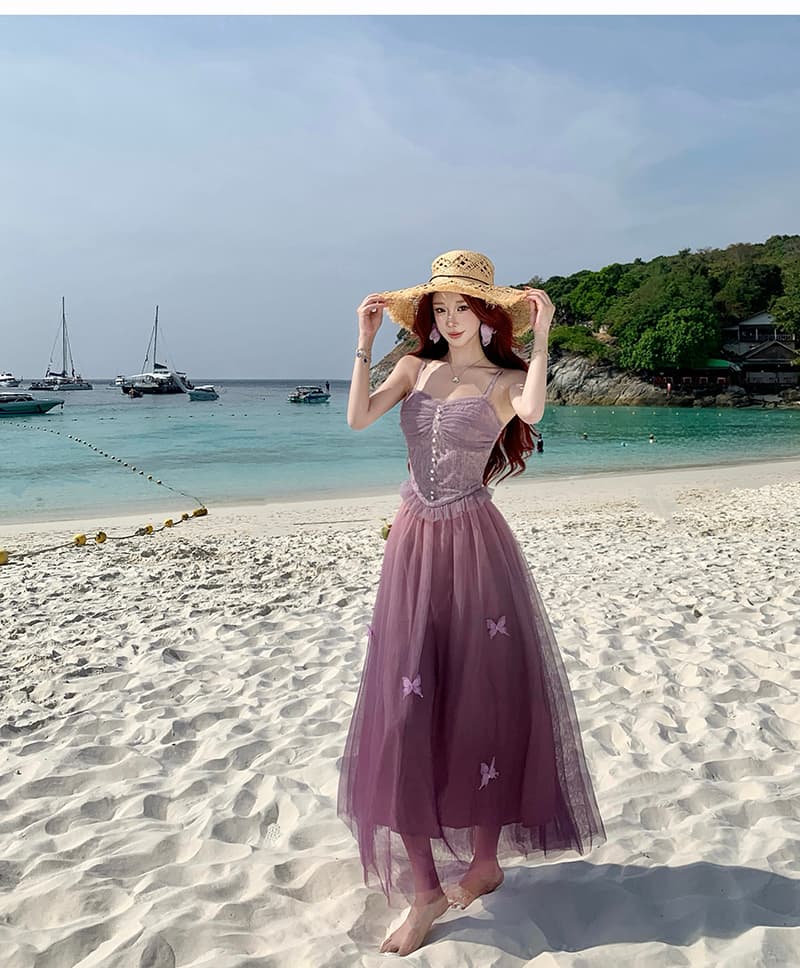 와이 센스 몽환 부드러운 보라색 그라데이션 망사 3 차원 나비 무거운 작업 슬립 드레스 상세 이미지 5