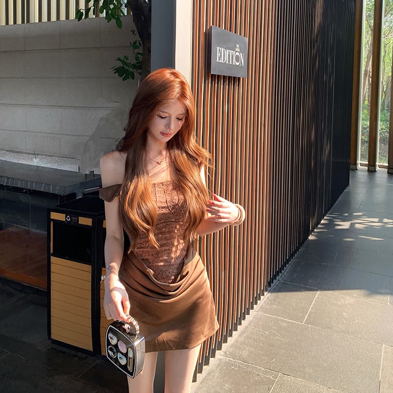 새틴 패치워크 유럽 궁정 바람 무거운 작업 레이스 허리 수축 주름 드레스 작은 드레스 여성