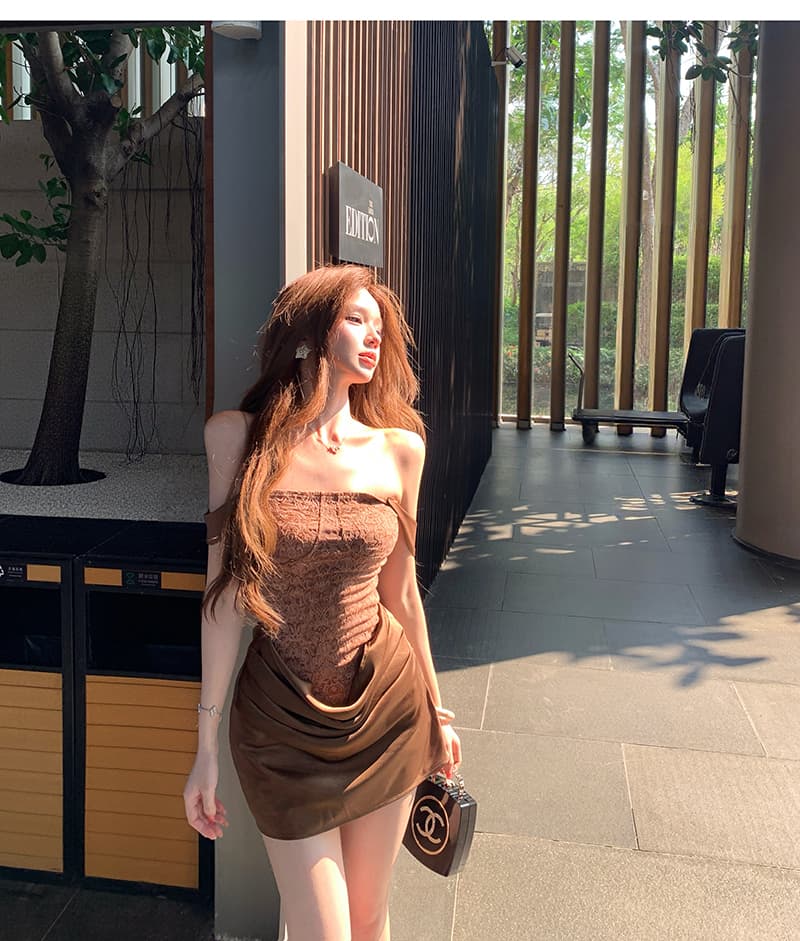 새틴 패치워크 유럽 궁정 바람 무거운 작업 레이스 허리 수축 주름 드레스 작은 드레스 여성 상세 이미지 4
