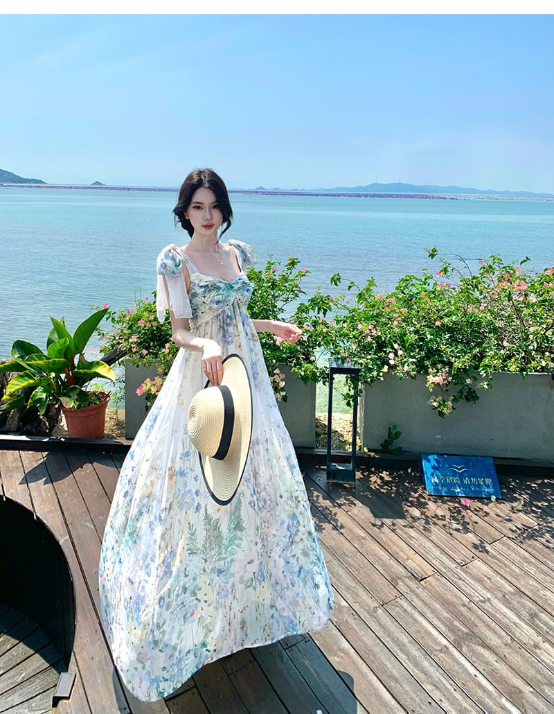 프린트 쉬폰 레이스업 나비 매듭 여성 드레스 몸매 가꾸기 휴가 롱 스커트 슬립 요정 치마 상세 이미지 2