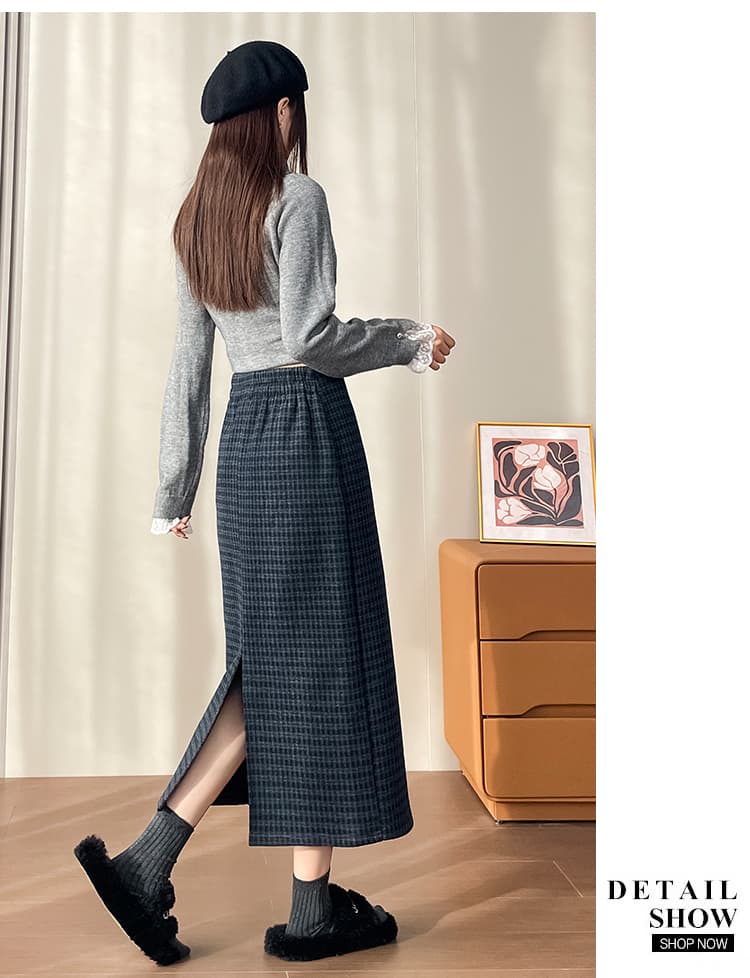 레트로 체크무늬 모직 반신 스커트 여성 가을 겨울 새로운 하이웨이스트 슬림해 보이는 A라인 스커트 하프 치마 트임 타이트 스커트 롱 스커트 상세 이미지 23