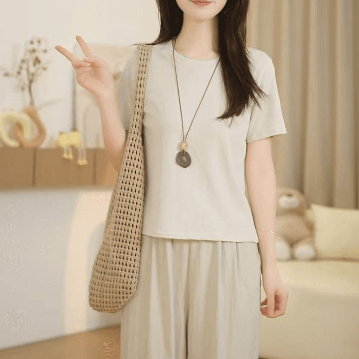 작은 키 여름 새로운 긍정적 인 어깨 라운드 넥 몸매 가꾸기 캐주얼 다용도 슬림해 보이는 반팔 티셔츠 2026 여자 맨위 이미지 4