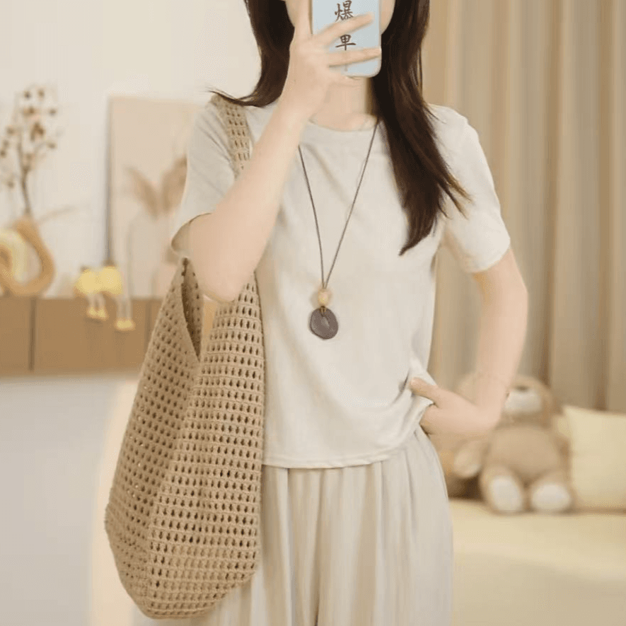 작은 키 여름 새로운 긍정적 인 어깨 라운드 넥 몸매 가꾸기 캐주얼 다용도 슬림해 보이는 반팔 티셔츠 2026 여자 맨위 상세 이미지 1