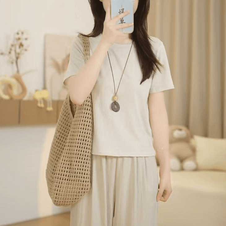 작은 키 여름 새로운 긍정적 인 어깨 라운드 넥 몸매 가꾸기 캐주얼 다용도 슬림해 보이는 반팔 티셔츠 2026 여자 맨위 상세 이미지 3
