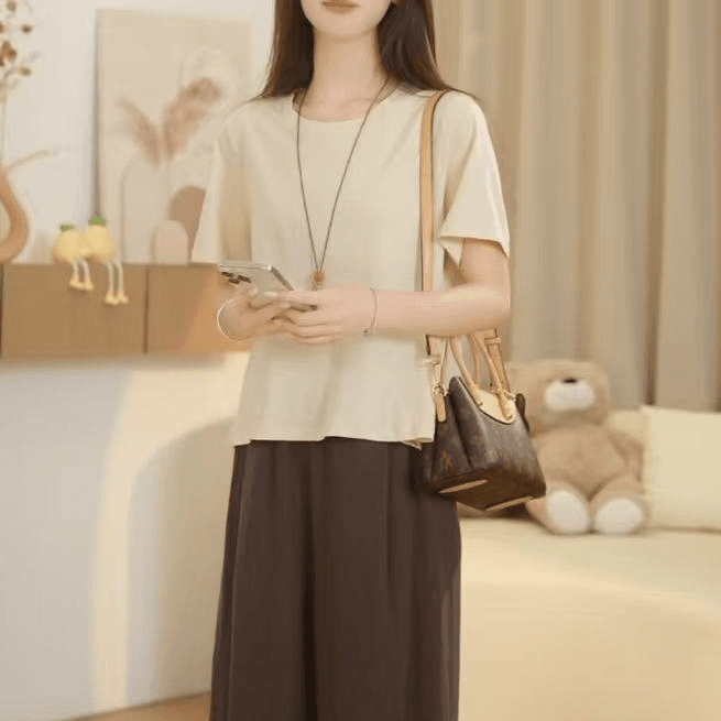 작은 키 여름 새로운 긍정적 인 어깨 라운드 넥 루즈핏 캐주얼 다용도 슬림해 보이는 반팔 티셔츠 2026 여자 맨위 이미지 2