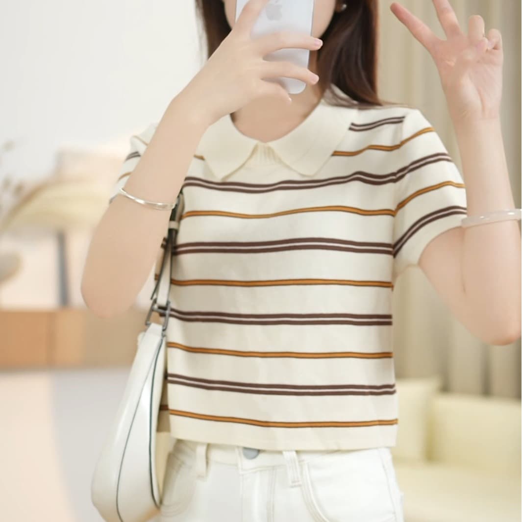 작은 키 여름 폴로 칼라 polo 스트라이프 니트 반팔 티셔츠 루즈핏 슬림해 보이는 풀오버 반소매 맨위 얇은 스타일 여성 이미지 5