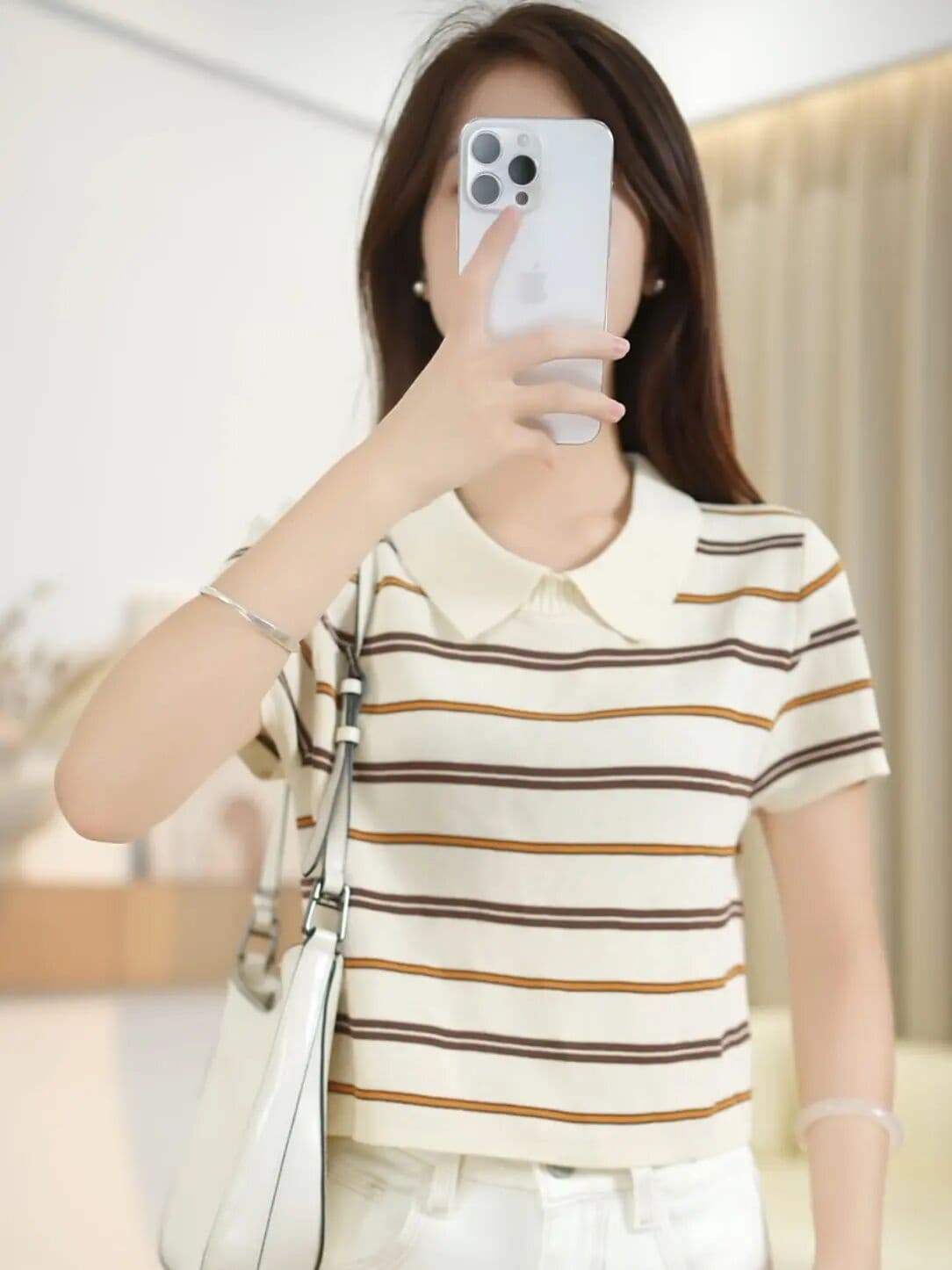 작은 키 여름 폴로 칼라 polo 스트라이프 니트 반팔 티셔츠 루즈핏 슬림해 보이는 풀오버 반소매 맨위 얇은 스타일 여성 상세 이미지 2
