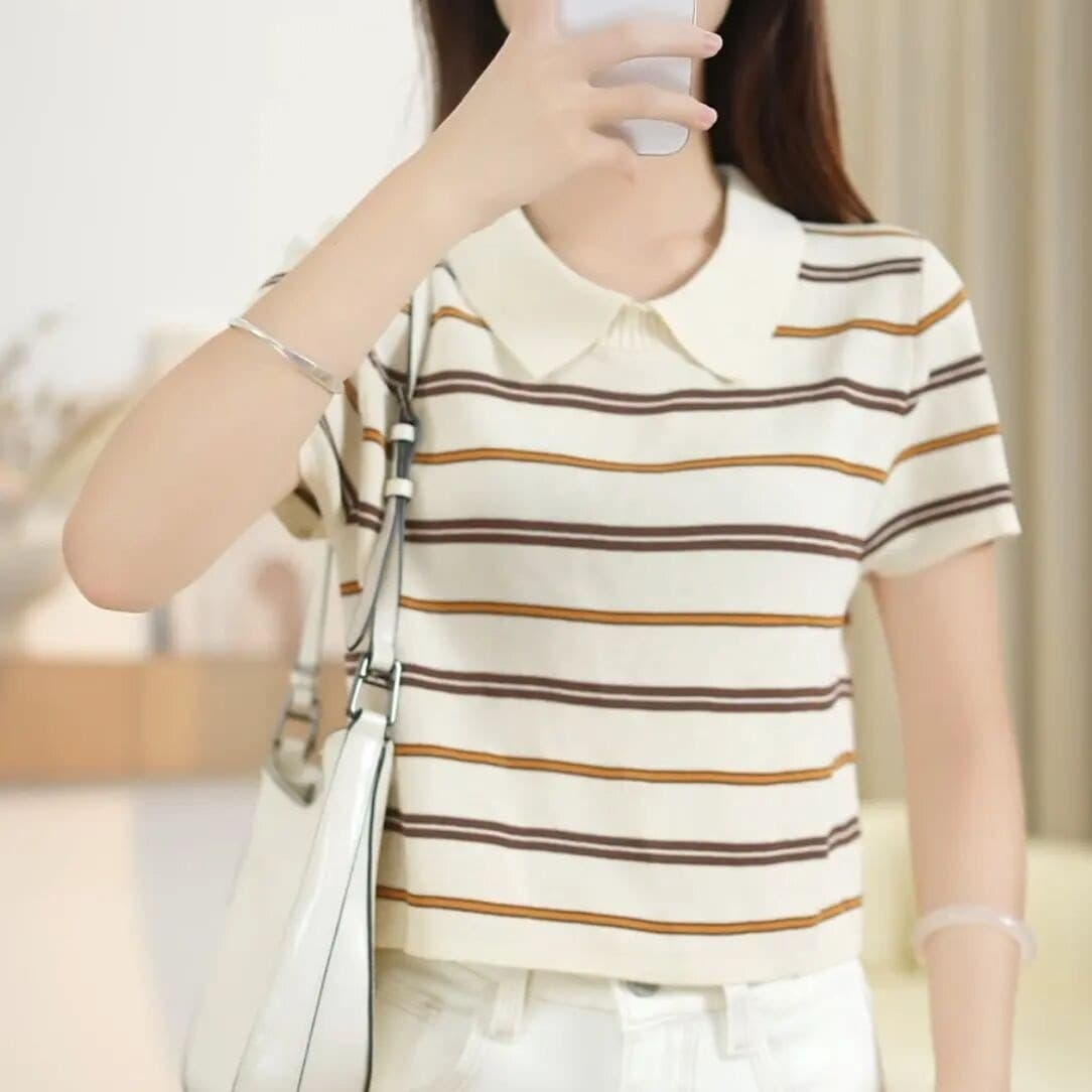 작은 키 여름 폴로 칼라 polo 스트라이프 니트 반팔 티셔츠 루즈핏 슬림해 보이는 풀오버 반소매 맨위 얇은 스타일 여성