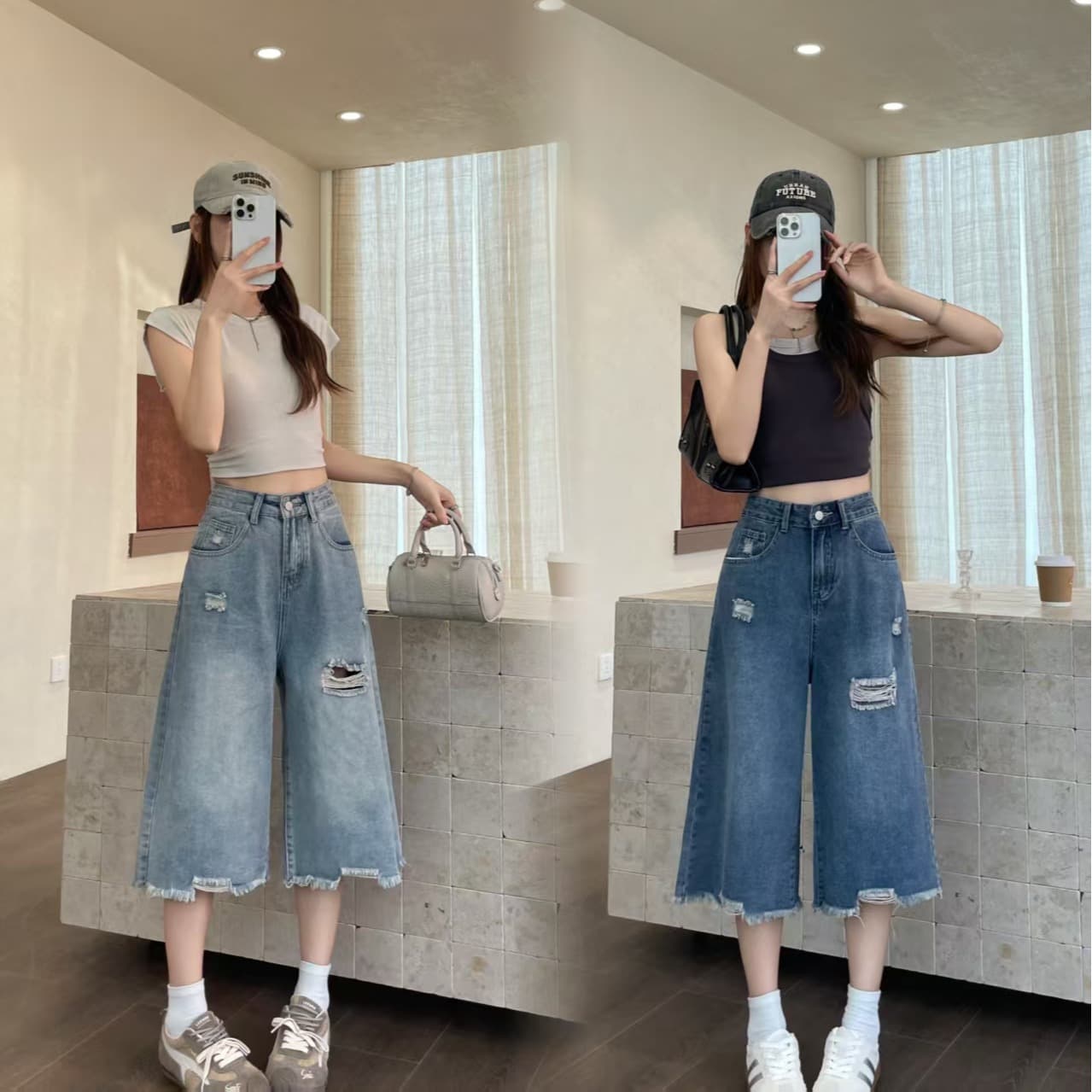 작은 키 찢어진 부분 넓은 다리 청바지 여성 2026 여름 얇은 스타일 루즈핏 슬림해 보이는 스트레이트 팬츠 바지 이미지 2