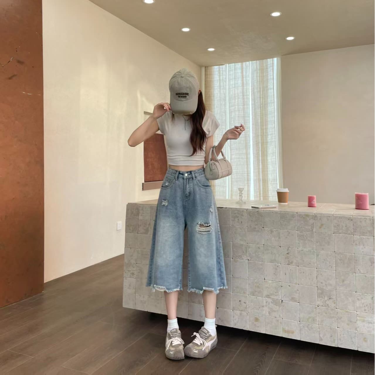 작은 키 찢어진 부분 넓은 다리 청바지 여성 2026 여름 얇은 스타일 루즈핏 슬림해 보이는 스트레이트 팬츠 바지 이미지 3