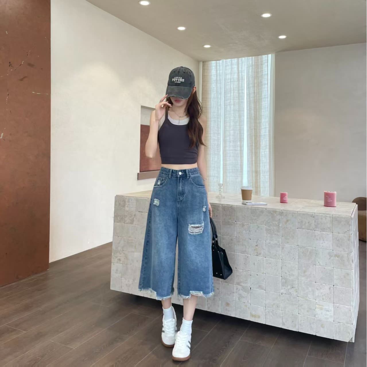 작은 키 찢어진 부분 넓은 다리 청바지 여성 2026 여름 얇은 스타일 루즈핏 슬림해 보이는 스트레이트 팬츠 바지 이미지 4