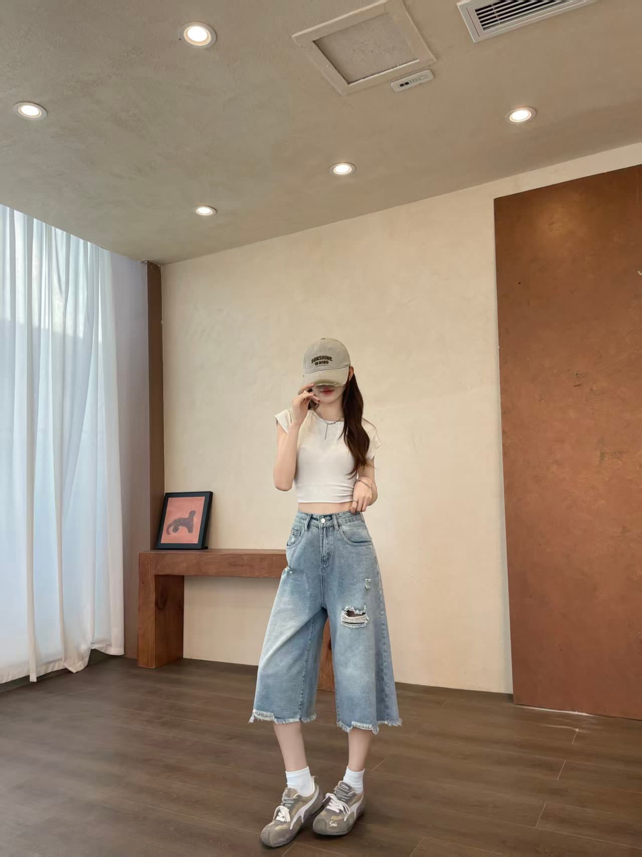 작은 키 찢어진 부분 넓은 다리 청바지 여성 2026 여름 얇은 스타일 루즈핏 슬림해 보이는 스트레이트 팬츠 바지 상세 이미지 6