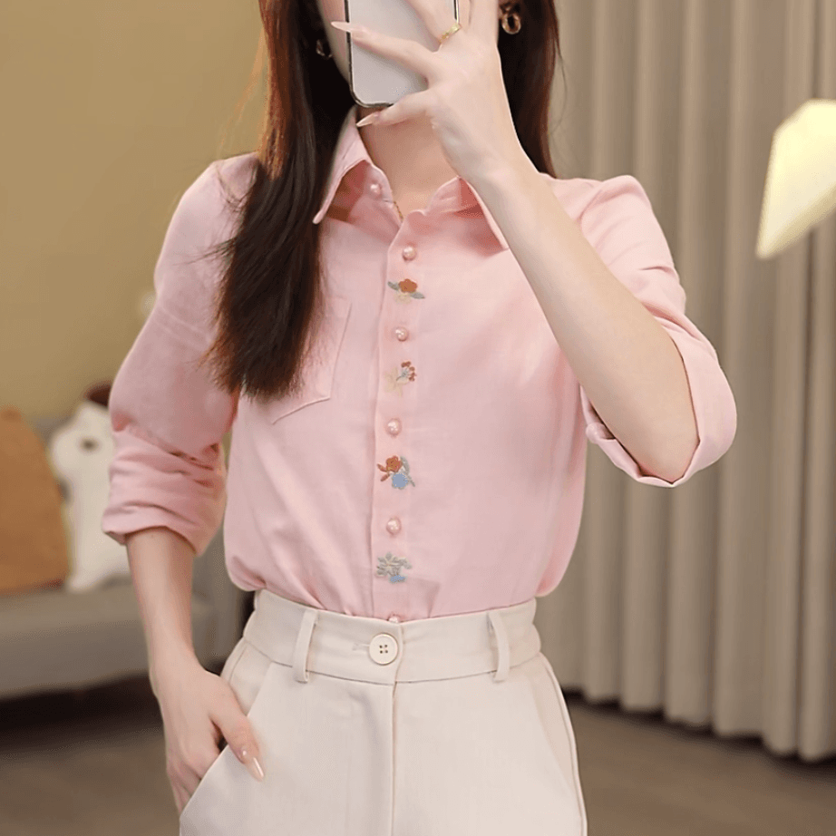 2026 년 봄 가을 새로운 여성 의류 패션 자수 순면 여성 셔츠 외국 가스 면 100% POLO 칼라 긴팔 맨위 상세 이미지 2