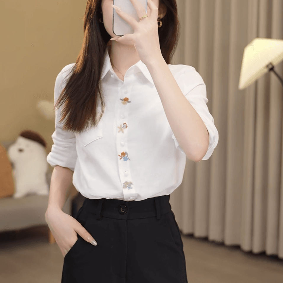 2026 년 봄 가을 새로운 여성 의류 패션 자수 순면 여성 셔츠 외국 가스 면 100% POLO 칼라 긴팔 맨위 상세 이미지 4