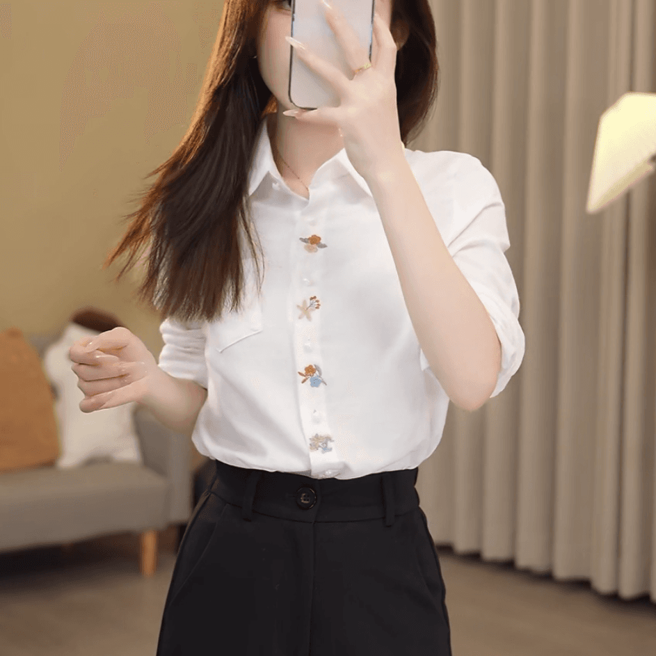 2026 년 봄 가을 새로운 여성 의류 패션 자수 순면 여성 셔츠 외국 가스 면 100% POLO 칼라 긴팔 맨위 상세 이미지 5