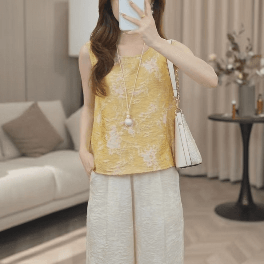 2026 여름 새로운 새로운 중식 라운드 넥 티셔츠 와이드 레깅스 바지 패션 세트 슬림해 보이는 국풍 섹션 이미지 5