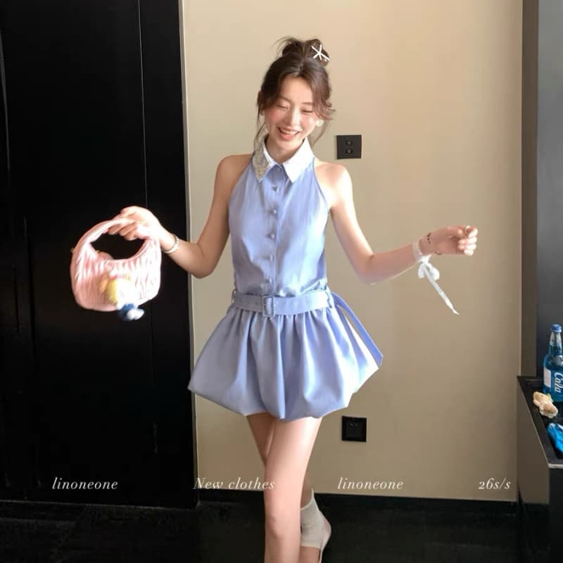 linoneone5 13 지능 뮤즈 miu 부서 달콤한 자매 스트라이프 행침 목 드레스