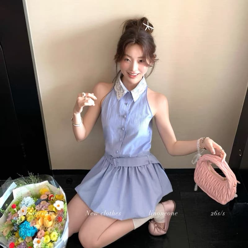 linoneone5 13 지능 뮤즈 miu 부서 달콤한 자매 스트라이프 행침 목 드레스 이미지 2