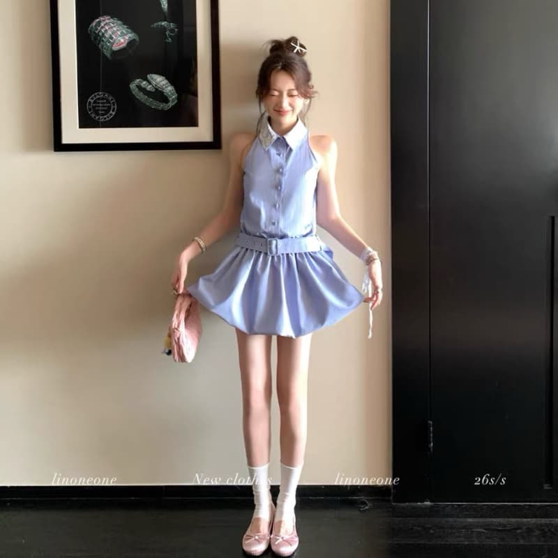 linoneone5 13 지능 뮤즈 miu 부서 달콤한 자매 스트라이프 행침 목 드레스 이미지 3
