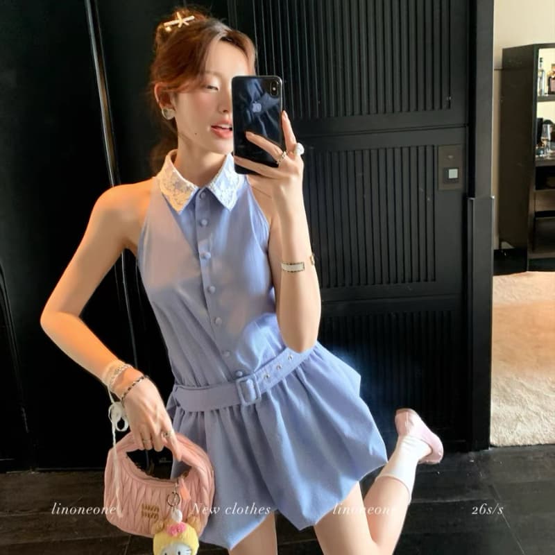 linoneone5 13 지능 뮤즈 miu 부서 달콤한 자매 스트라이프 행침 목 드레스 이미지 4