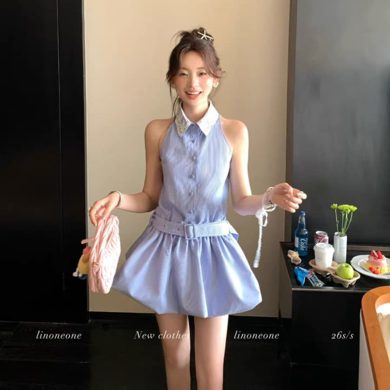 linoneone5 13 지능 뮤즈 miu 부서 달콤한 자매 스트라이프 행침 목 드레스 이미지 5
