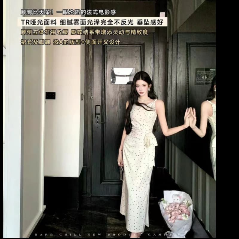 여름 치엥 3 차원 플리츠 삼색 도트 무늬 민소매 슬립 허리 수축 프랑스식 길다 드레스